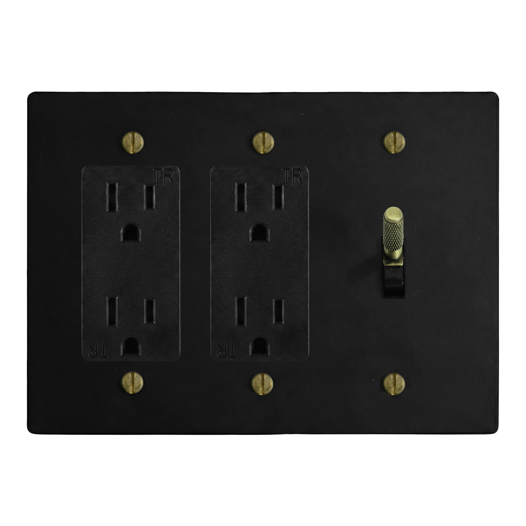 Matte Black (Antique Brass Accents) 3-Gang Duplex Outlet, Duplex Outlet & Toggle Switch Plate in Black