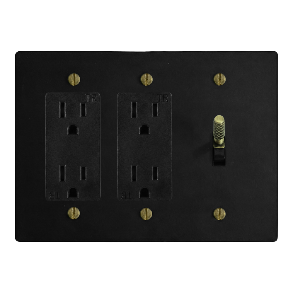 Matte Black (Antique Brass Accents) 3-Gang Duplex Outlet, Duplex Outlet & Toggle Switch Plate in Black