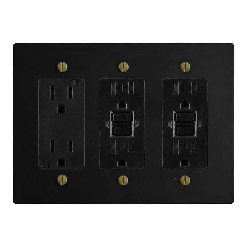 Matte Black (Antique Brass Accents) 3-Gang Duplex Outlet, GFCI Outlet & GFCI Outlet Switch Plate in Black