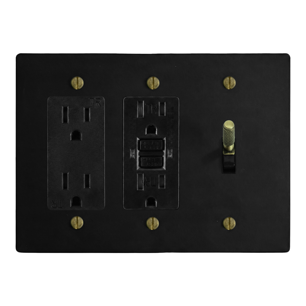 Matte Black (Antique Brass Accents) 3-Gang Duplex Outlet, GFCI Outlet & Toggle Switch Plate in Black