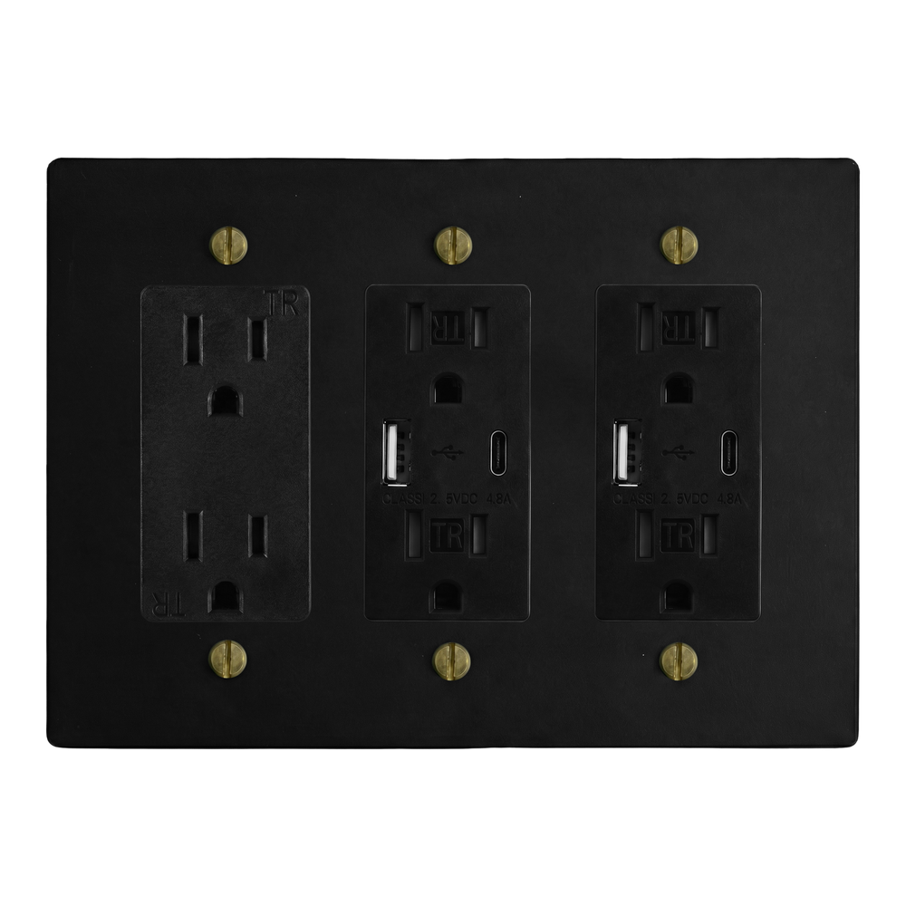 Matte Black (Antique Brass Accents) 3-Gang Duplex Outlet, USB Outlet & USB Outlet Switch Plate in Black