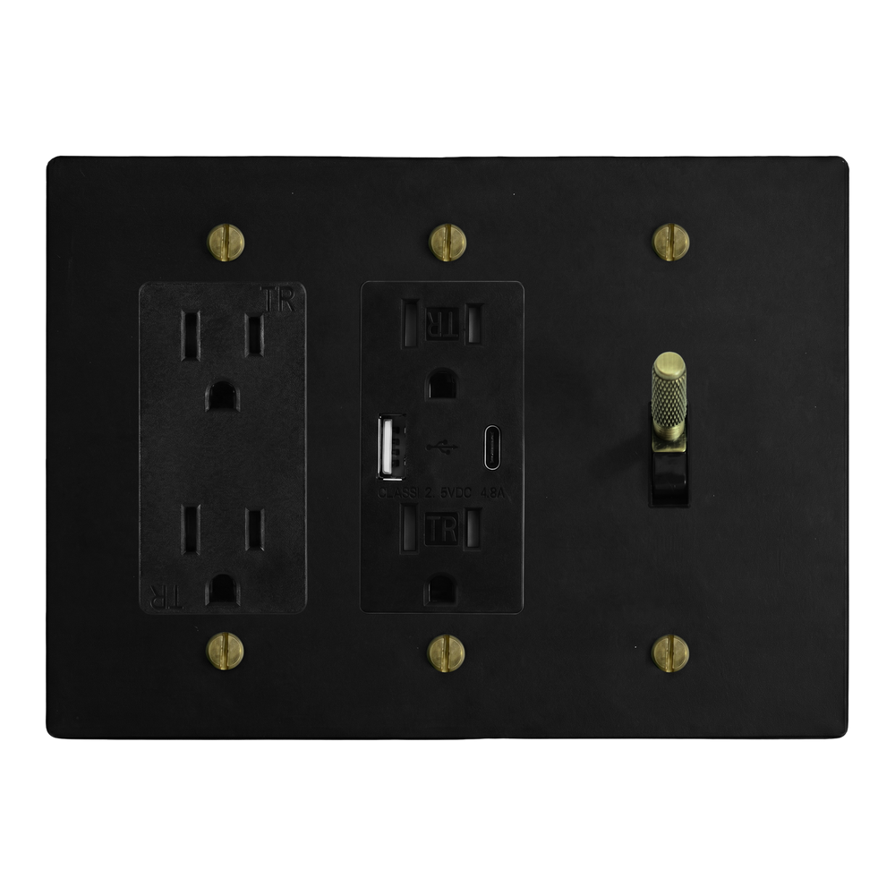 Matte Black (Antique Brass Accents) 3-Gang Duplex Outlet, USB Outlet & Toggle Switch Plate in Black