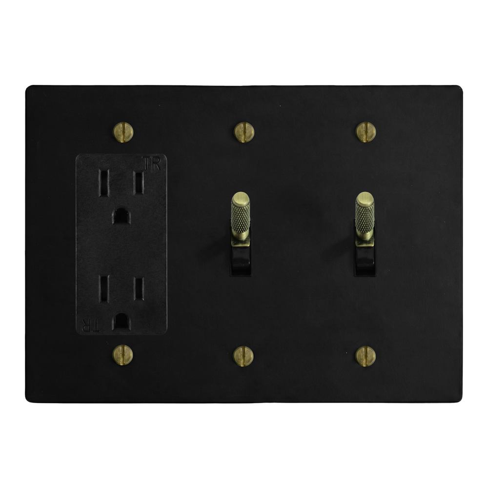 Matte Black (Antique Brass Accents) 3-Gang Duplex Outlet, Toggle & Toggle Switch Plate in Black