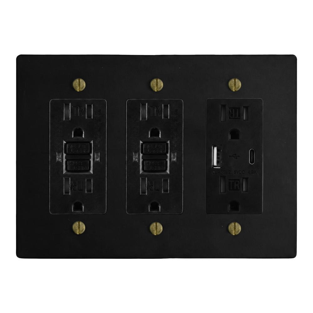 Matte Black (Antique Brass Accents) 3-Gang GFCI Outlet, GFCI Outlet & USB Outlet Switch Plate in Black