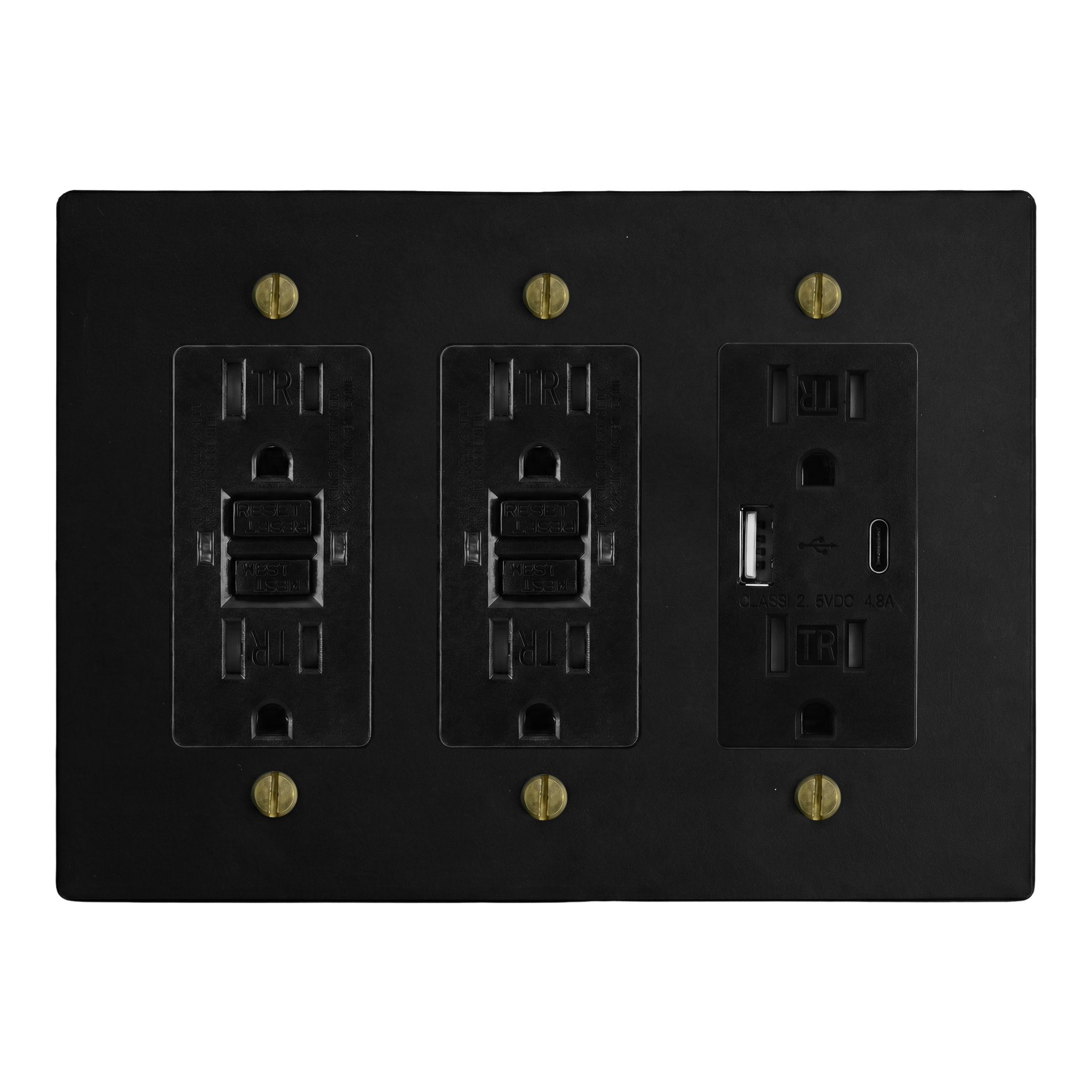 Matte Black (Antique Brass Accents) 3-Gang GFCI Outlet, GFCI Outlet & USB Outlet Switch Plate in Black