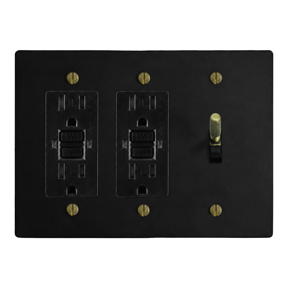 Matte Black (Antique Brass Accents) 3-Gang GFCI Outlet, GFCI Outlet & Toggle Switch Plate in Black