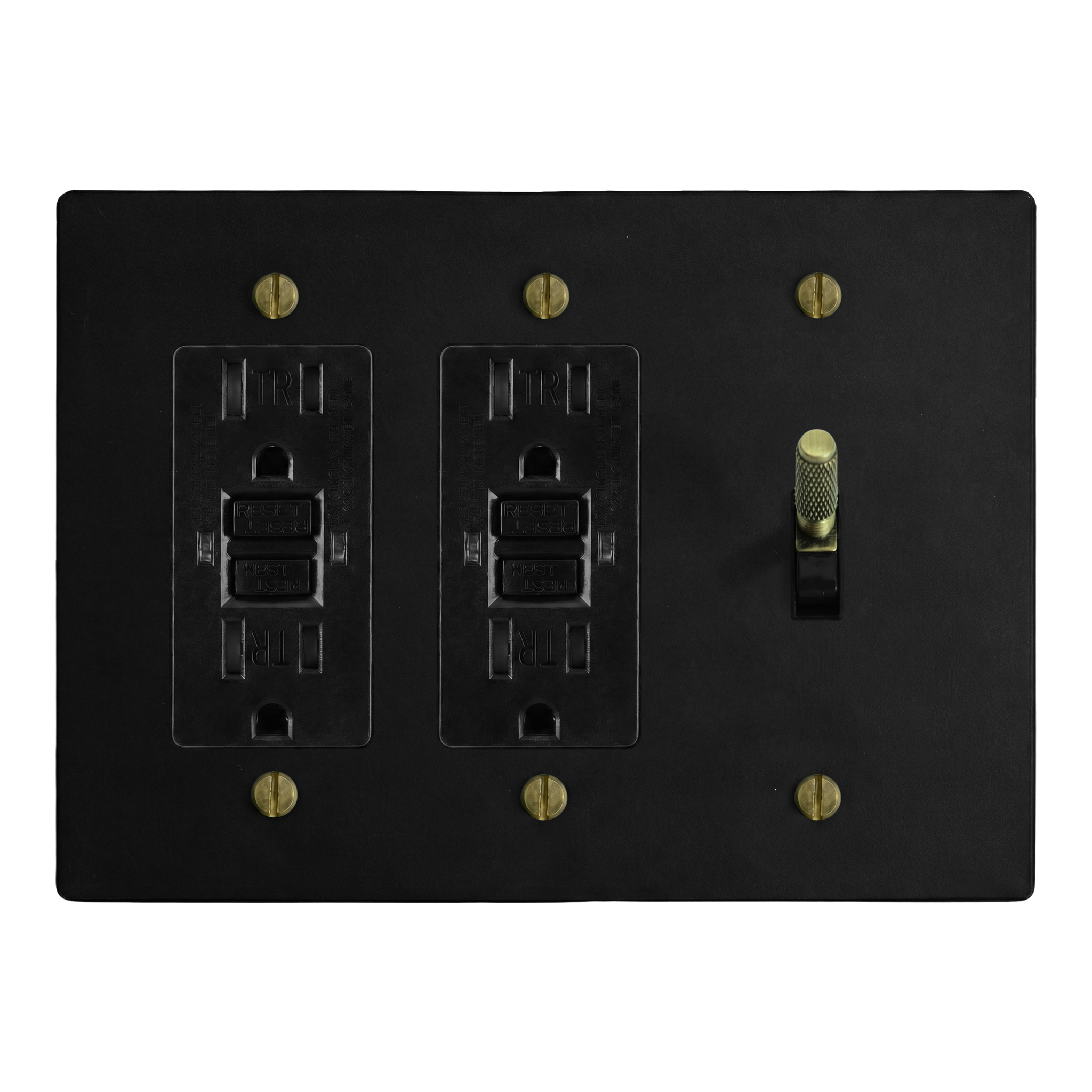 Matte Black (Antique Brass Accents) 3-Gang GFCI Outlet, GFCI Outlet & Toggle Switch Plate in Black