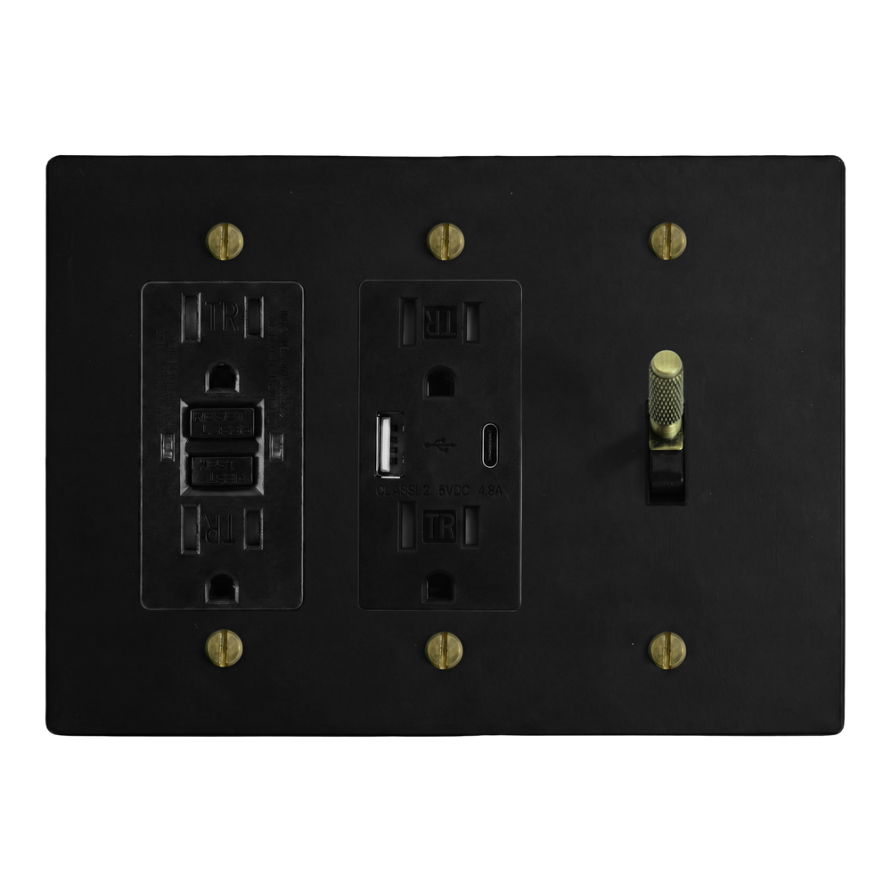 Matte Black (Antique Brass Accents) 3-Gang GFCI Outlet, USB Outlet & Toggle Switch Plate in Black