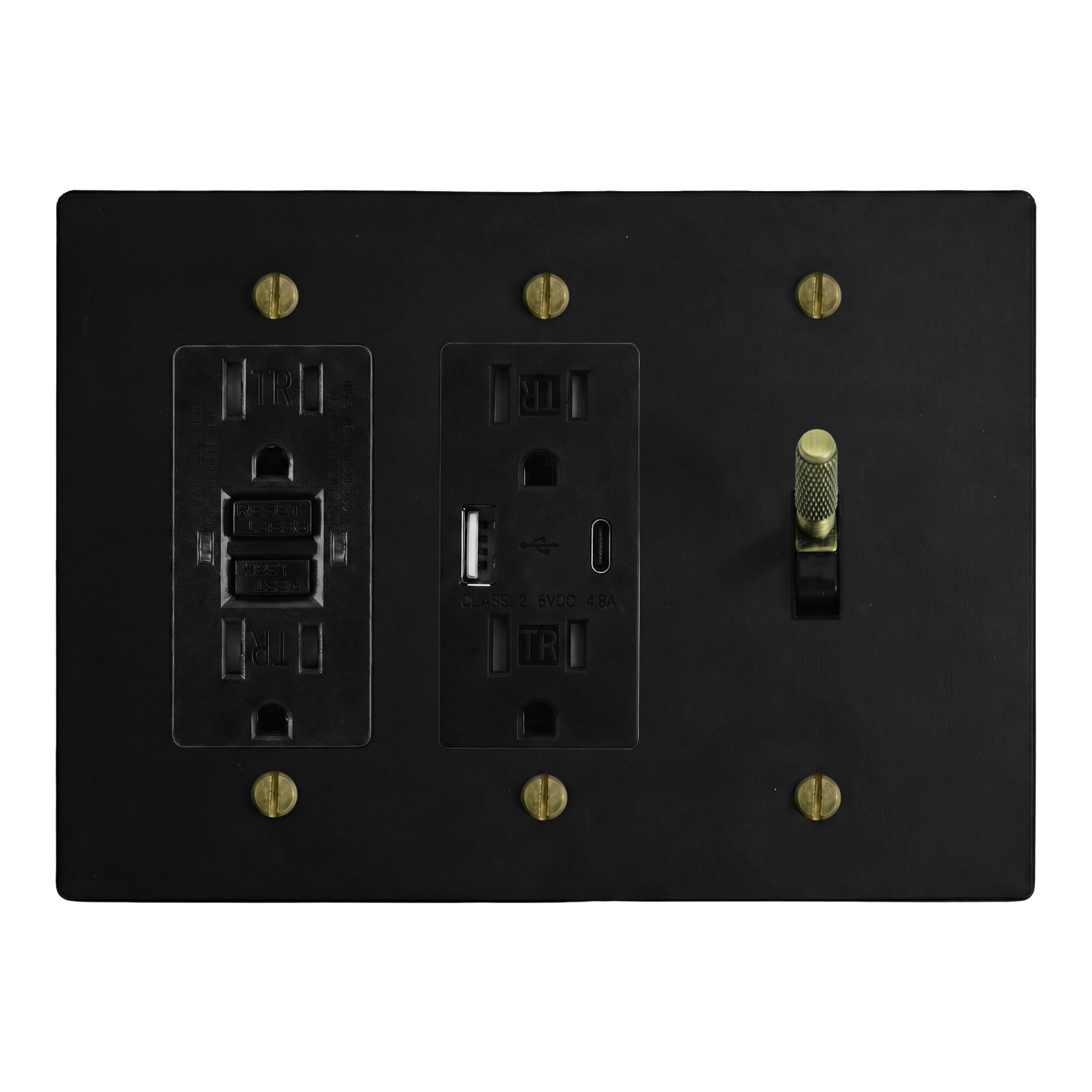 Matte Black (Antique Brass Accents) 3-Gang GFCI Outlet, USB Outlet & Toggle Switch Plate in Black