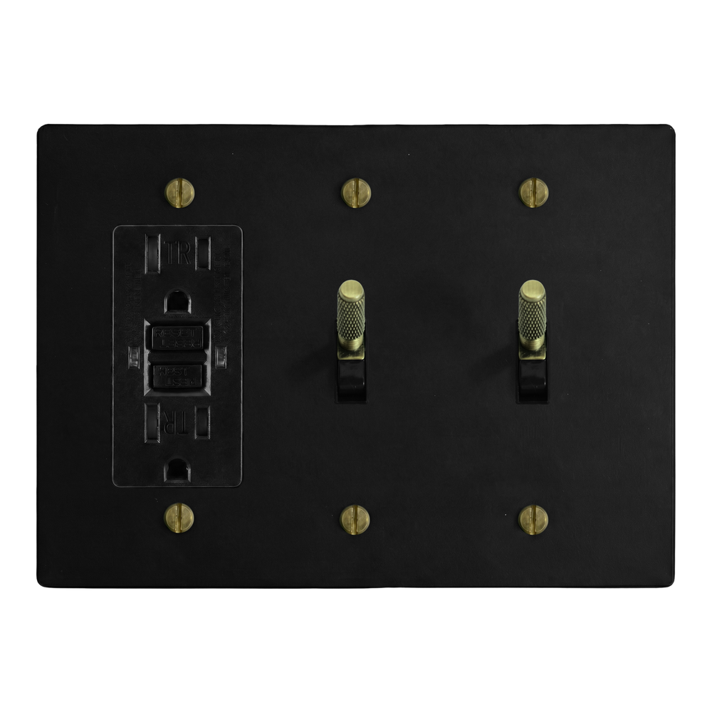 Matte Black (Antique Brass Accents) 3-Gang GFCI Outlet, Toggle & Toggle Switch Plate in Black