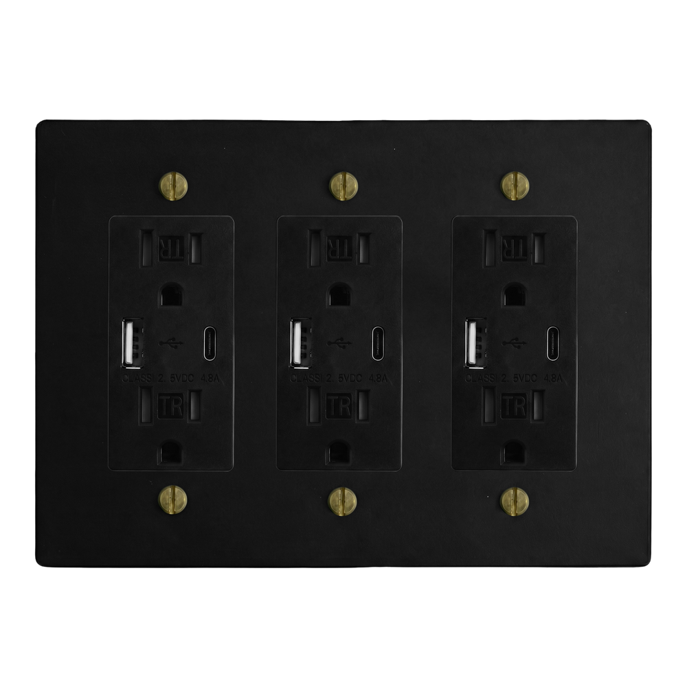Matte Black (Antique Brass Accents) 3-Gang USB Outlet, USB Outlet & USB Outlet Switch Plate in Black
