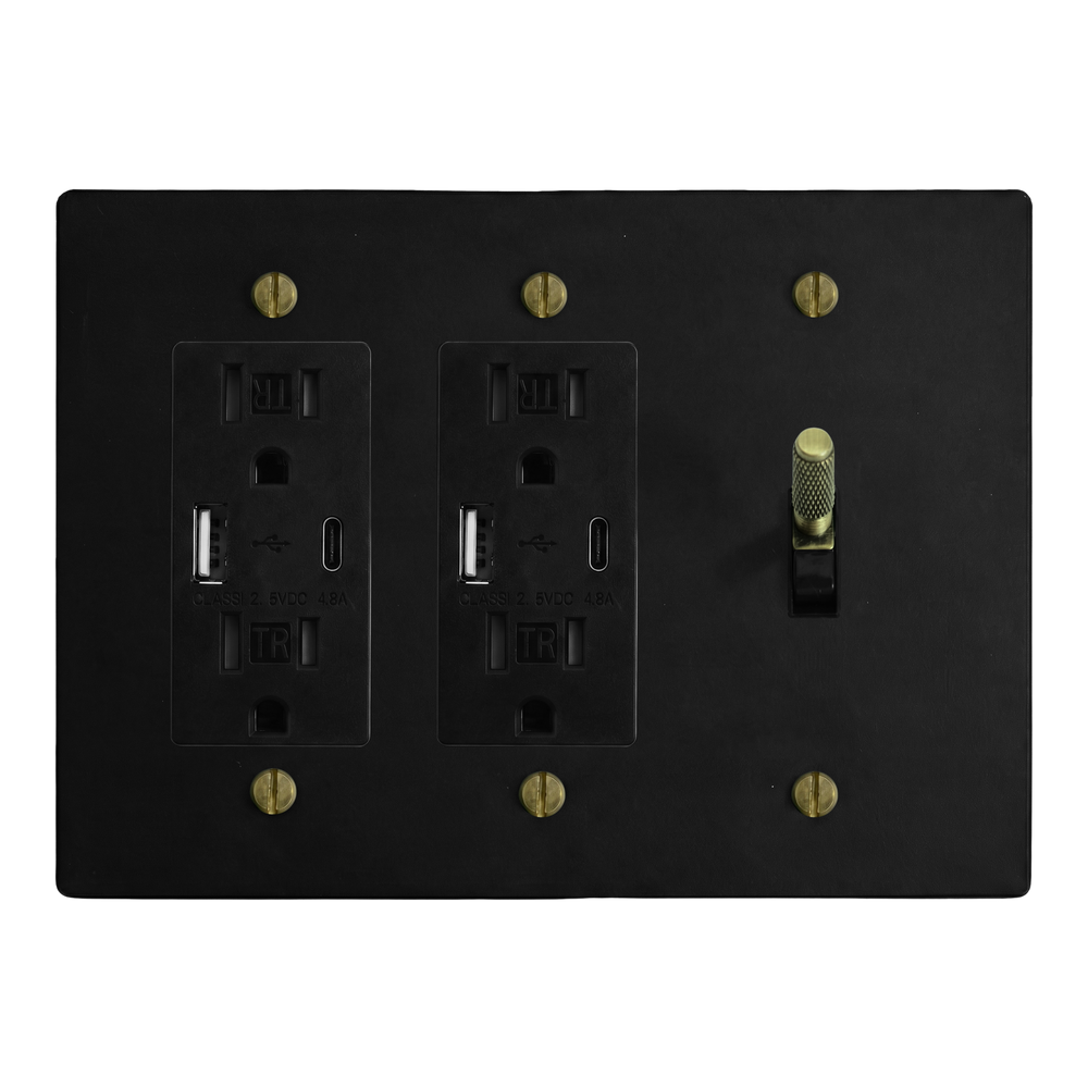 Matte Black (Antique Brass Accents) 3-Gang USB Outlet, USB Outlet & Toggle Switch Plate in Black