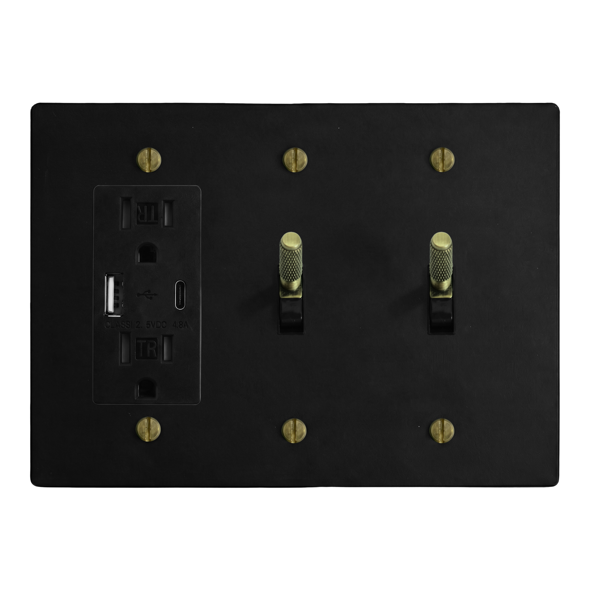 Matte Black (Antique Brass Accents) 3-Gang USB Outlet, Toggle & Toggle Switch Plate in Black