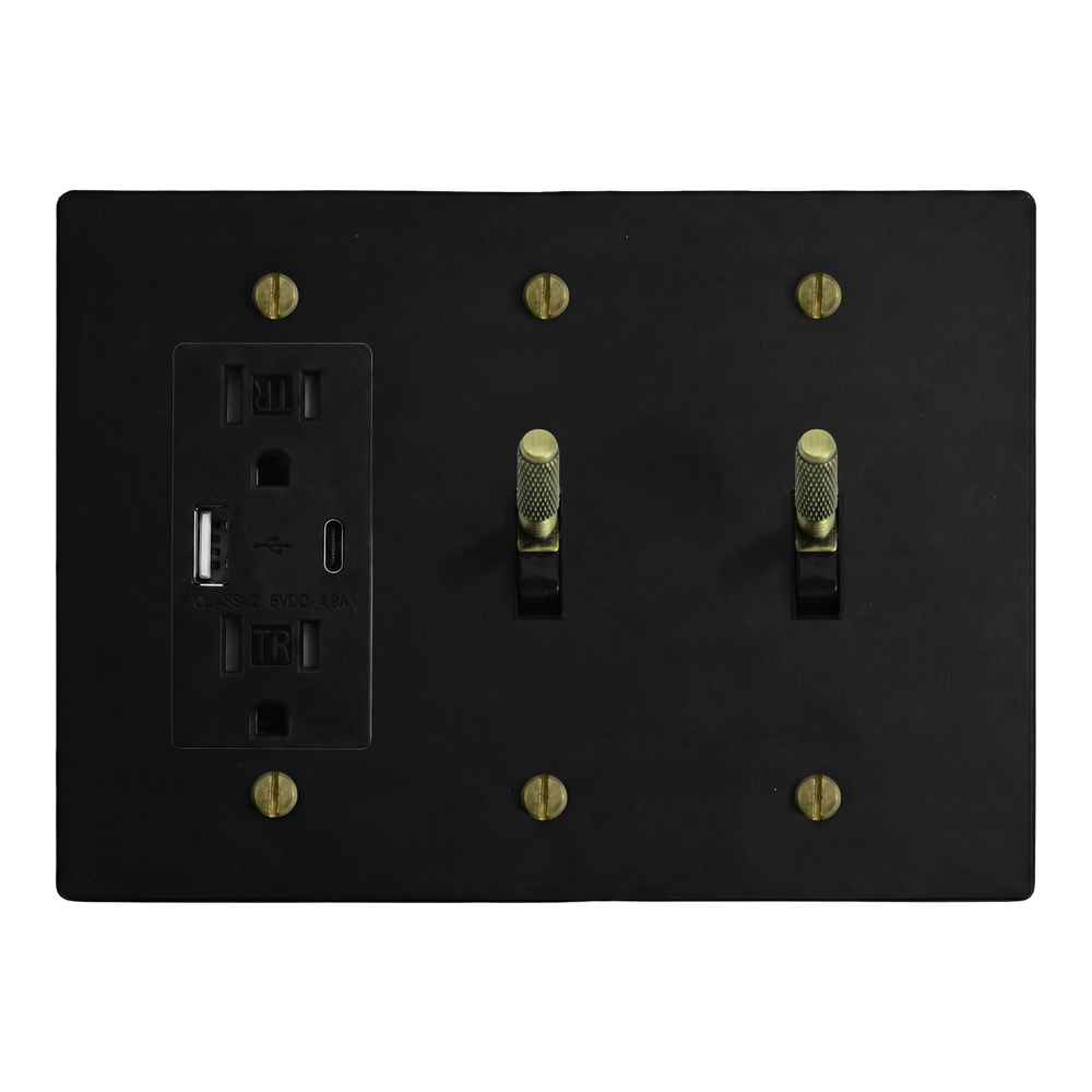 Matte Black (Antique Brass Accents) 3-Gang USB Outlet, Toggle & Toggle Switch Plate in Black