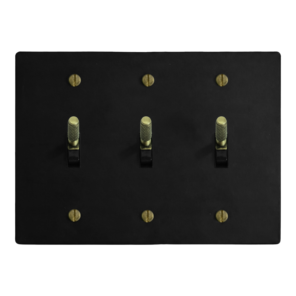 Matte Black (Antique Brass Accents) 3-Gang Toggle, Toggle & Toggle Switch Plate in Black