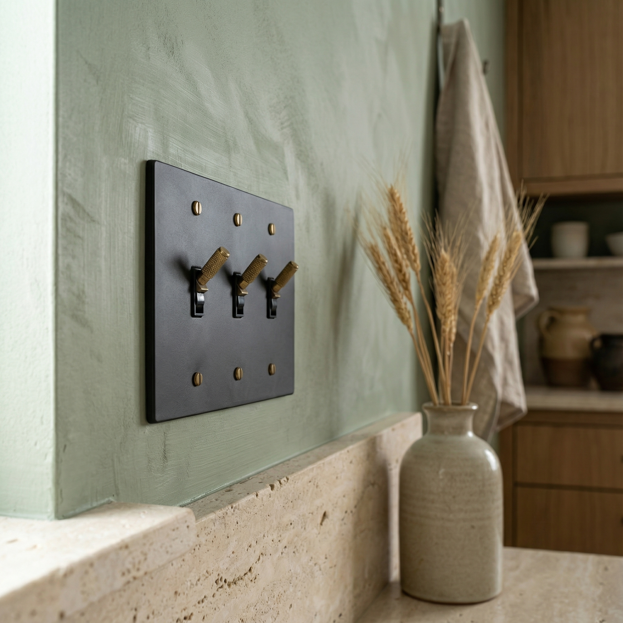 Matte black (antique brass accents) 3 gang toggle switch plate on a textured green wall, exuding quiet luxury.