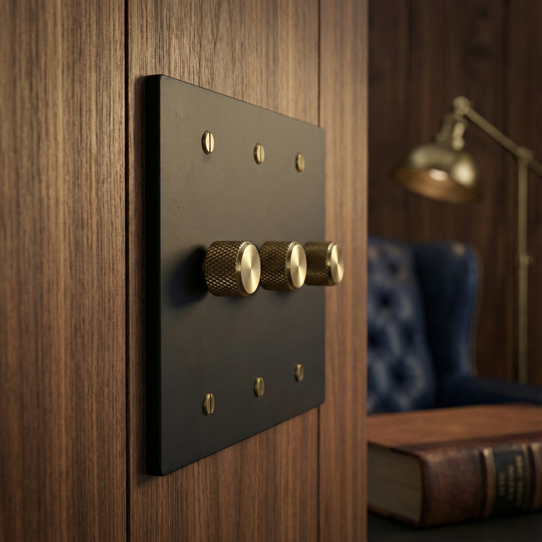 matte black (antique brass accents) 3 gang dimmer switch plate installed in a luxurious, wood-paneled study.