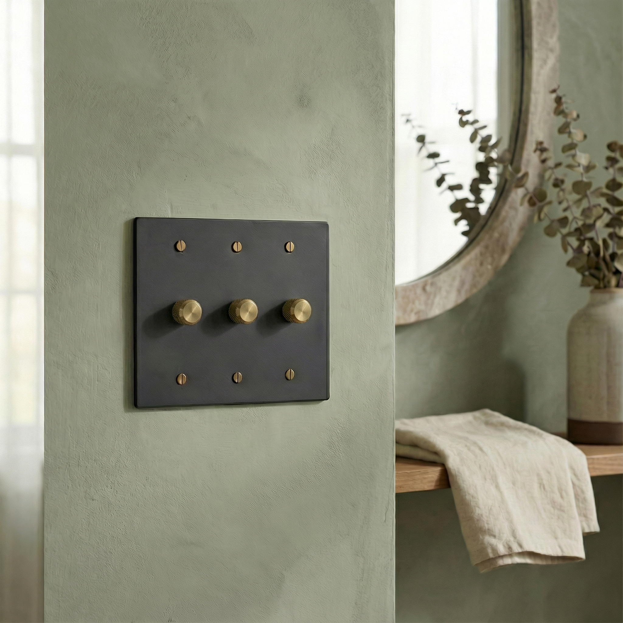 Matte black (antique brass accents) 3 gang dimmer switch plate on a textured sage wall, exuding quiet luxury.