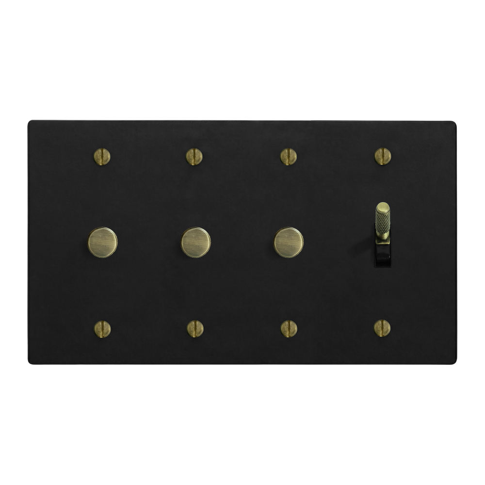 Matte Black (Antique Brass Accents) 4-Gang Dimmer, Dimmer, Dimmer & Toggle Switch Plate in Black