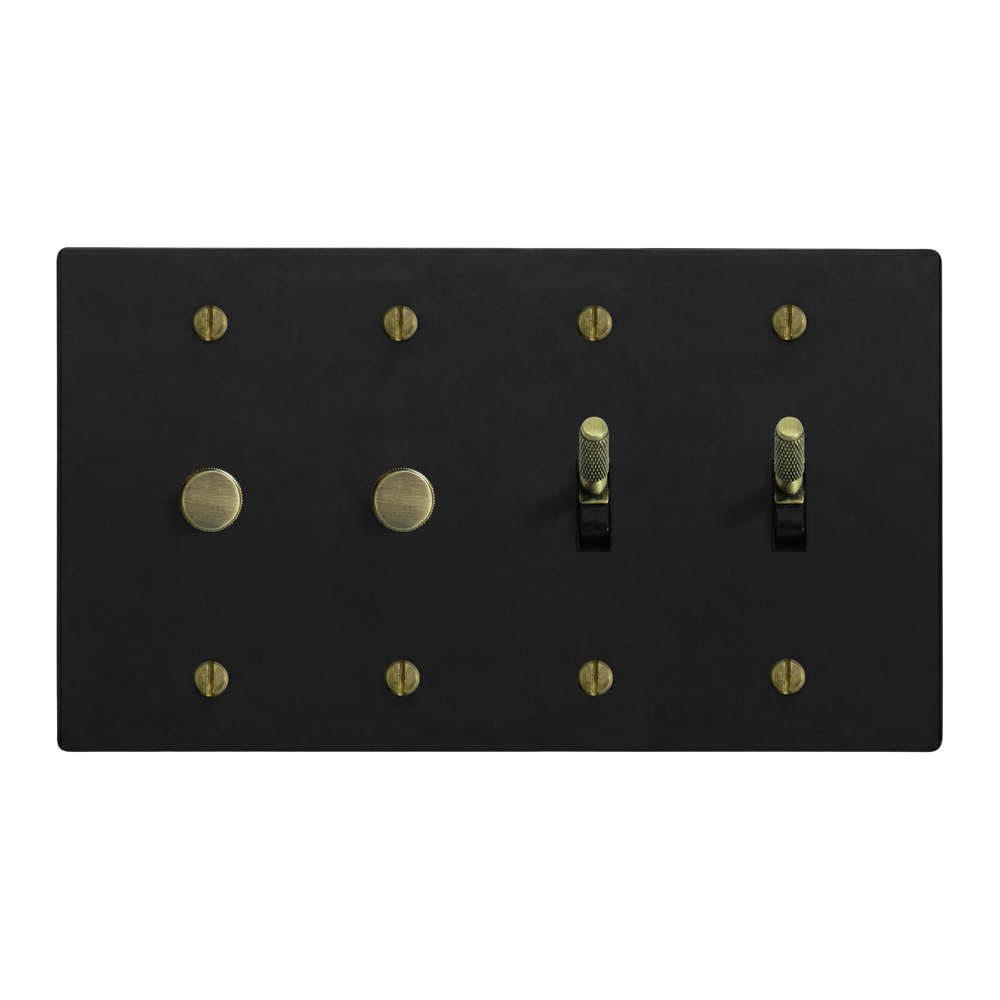 Matte Black (Antique Brass Accents) 4-Gang Dimmer, Dimmer, Toggle & Toggle Switch Plate in Black