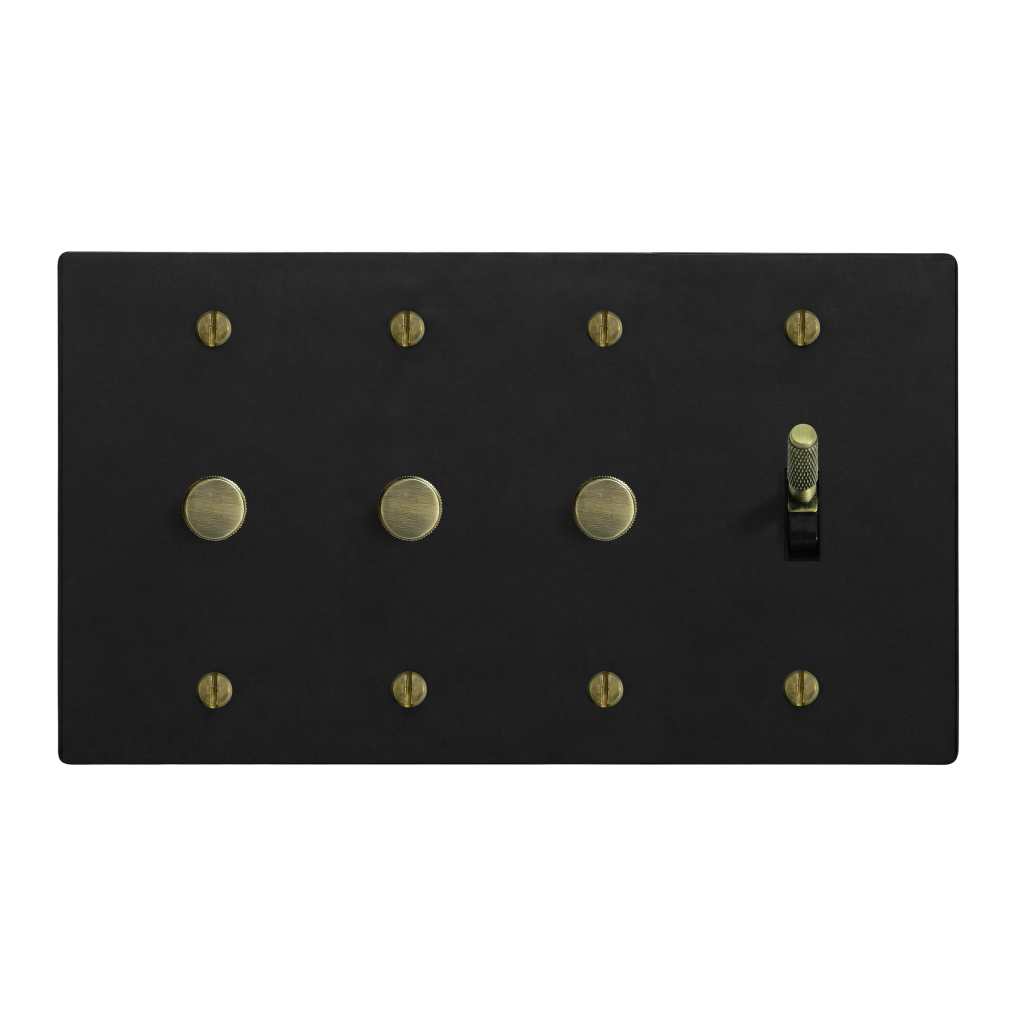 Matte Black (Antique Brass Accents) 4-Gang Dimmer, Dimmer, Dimmer & Toggle Switch Plate in Black