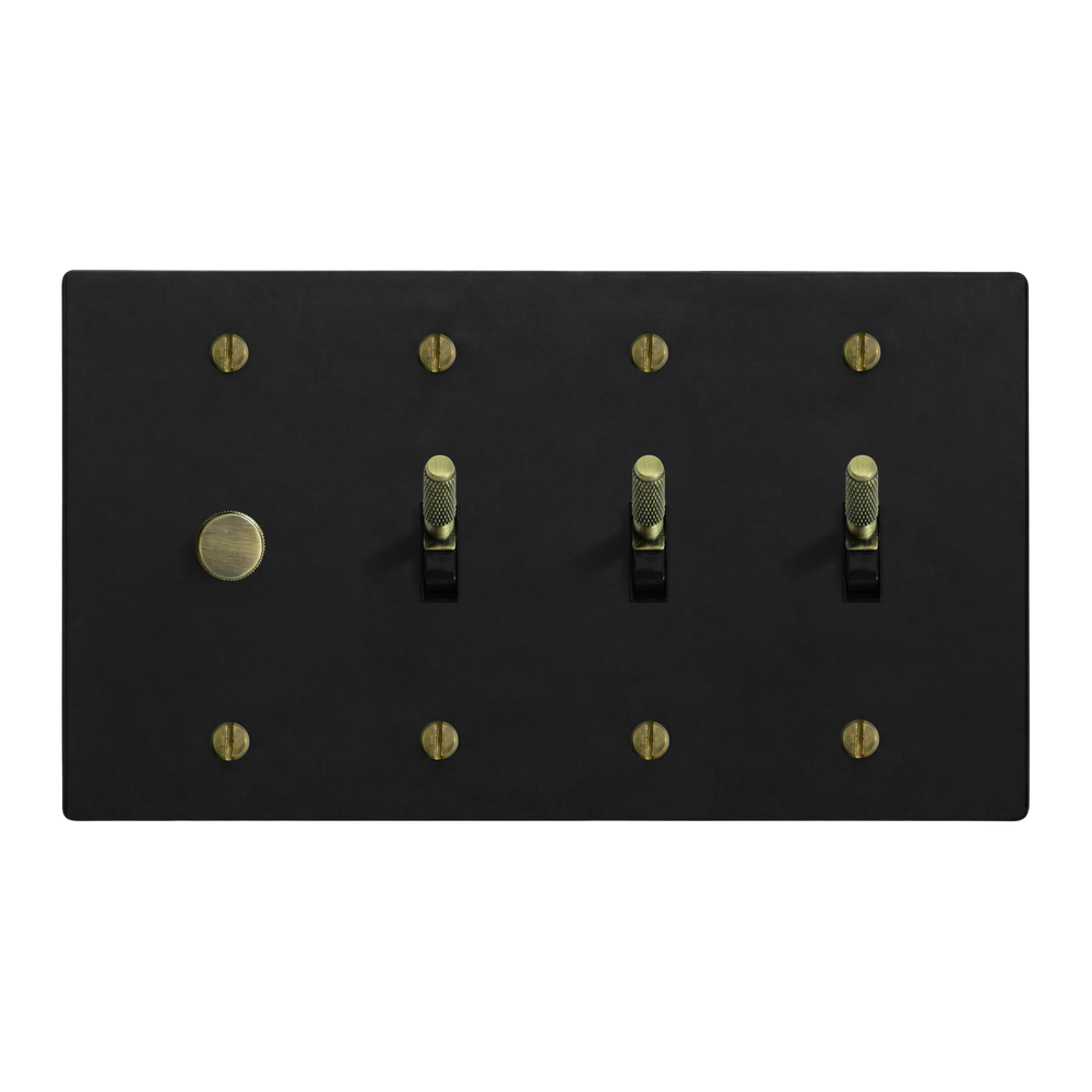 Matte Black (Antique Brass Accents) 4-Gang Dimmer, Toggle, Toggle & Toggle Switch Plate in Black