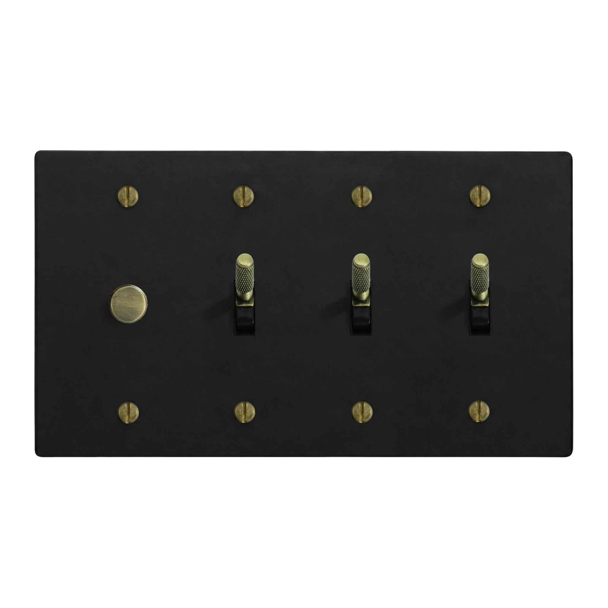Matte Black (Antique Brass Accents) 4-Gang Dimmer, Toggle, Toggle & Toggle Switch Plate in Black