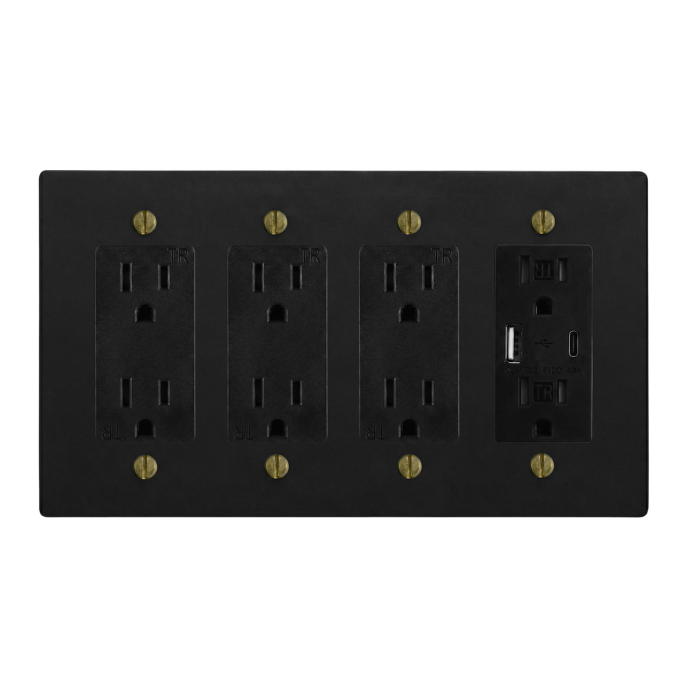 Matte Black (Antique Brass Accents) 4-Gang Duplex Outlet, Duplex Outlet, Duplex Outlet & USB Outlet Switch Plate in Black