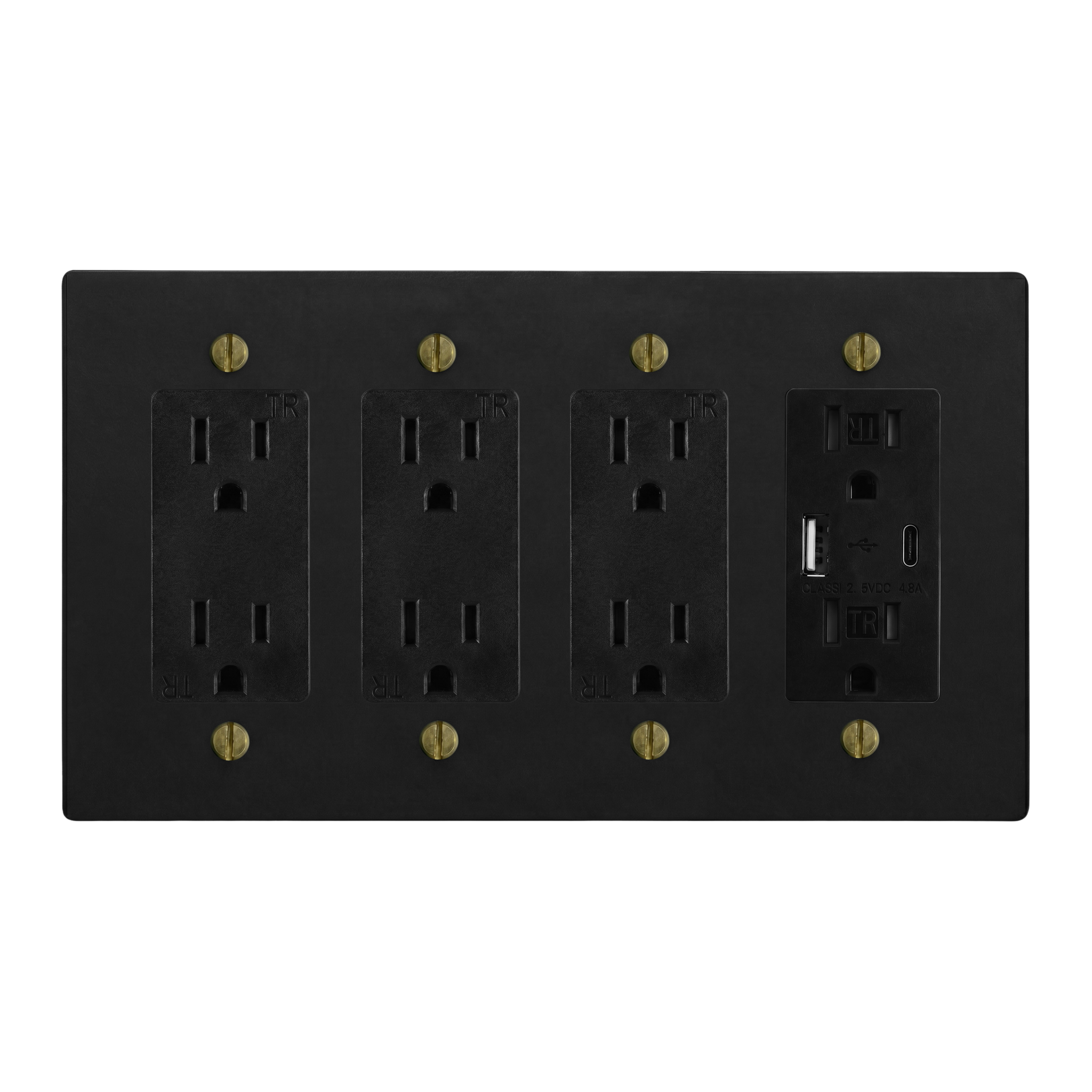 Matte Black (Antique Brass Accents) 4-Gang Duplex Outlet, Duplex Outlet, Duplex Outlet & USB Outlet Switch Plate in Black