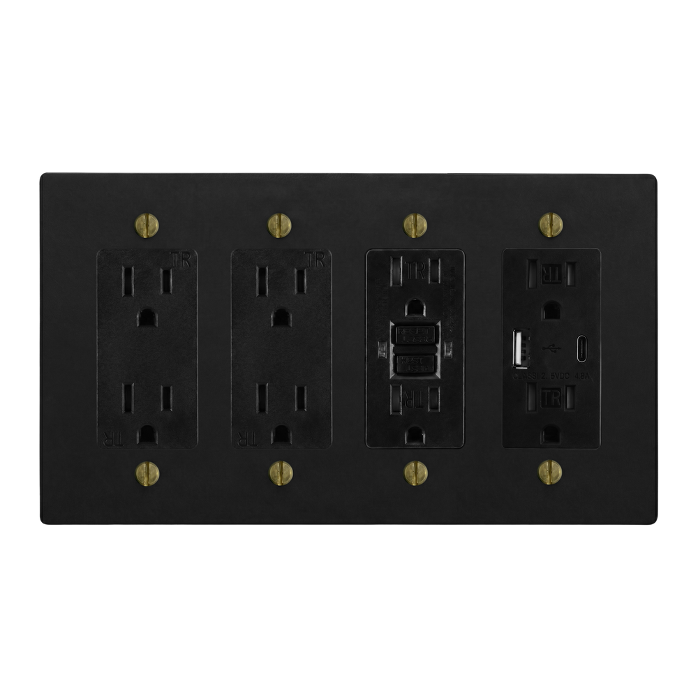 Matte Black (Antique Brass Accents) 4-Gang Duplex Outlet, Duplex Outlet, GFCI Outlet & USB Outlet Switch Plate in Black