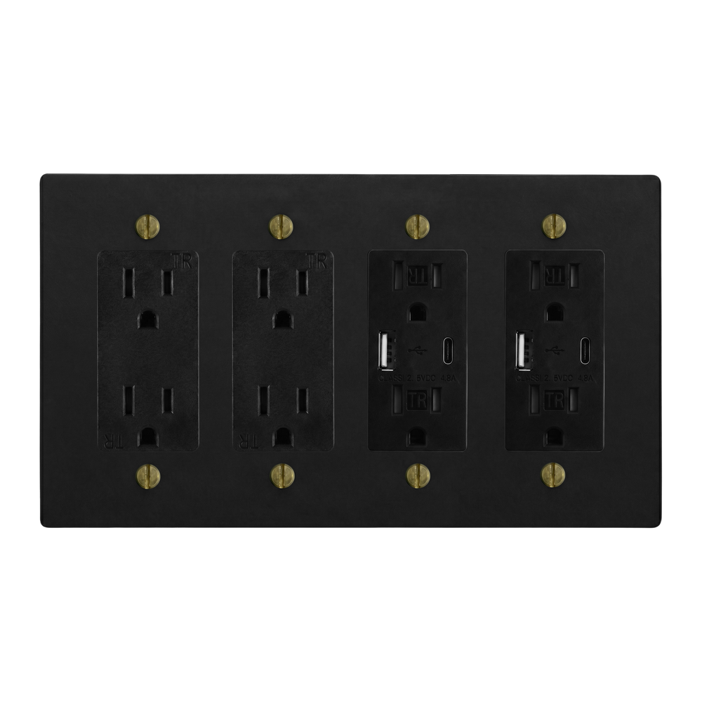 Matte Black (Antique Brass Accents) 4-Gang Duplex Outlet, Duplex Outlet, USB Outlet & USB Outlet Switch Plate in Black