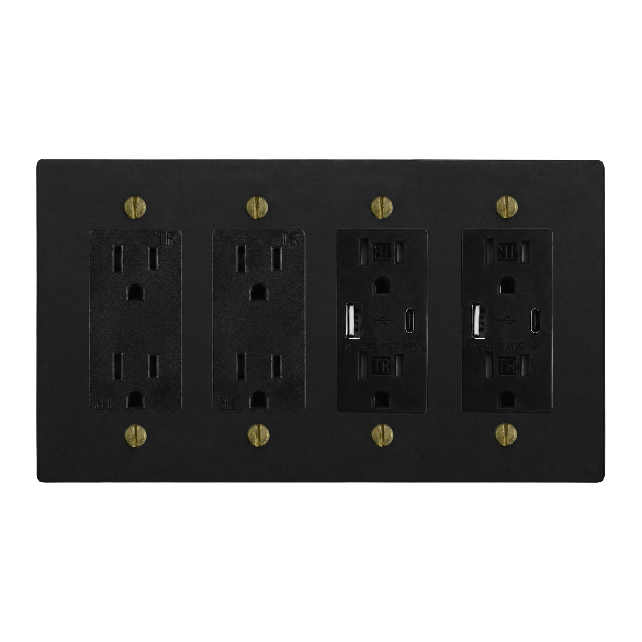 Matte Black (Antique Brass Accents) 4-Gang Duplex Outlet, Duplex Outlet, USB Outlet & USB Outlet Switch Plate in Black