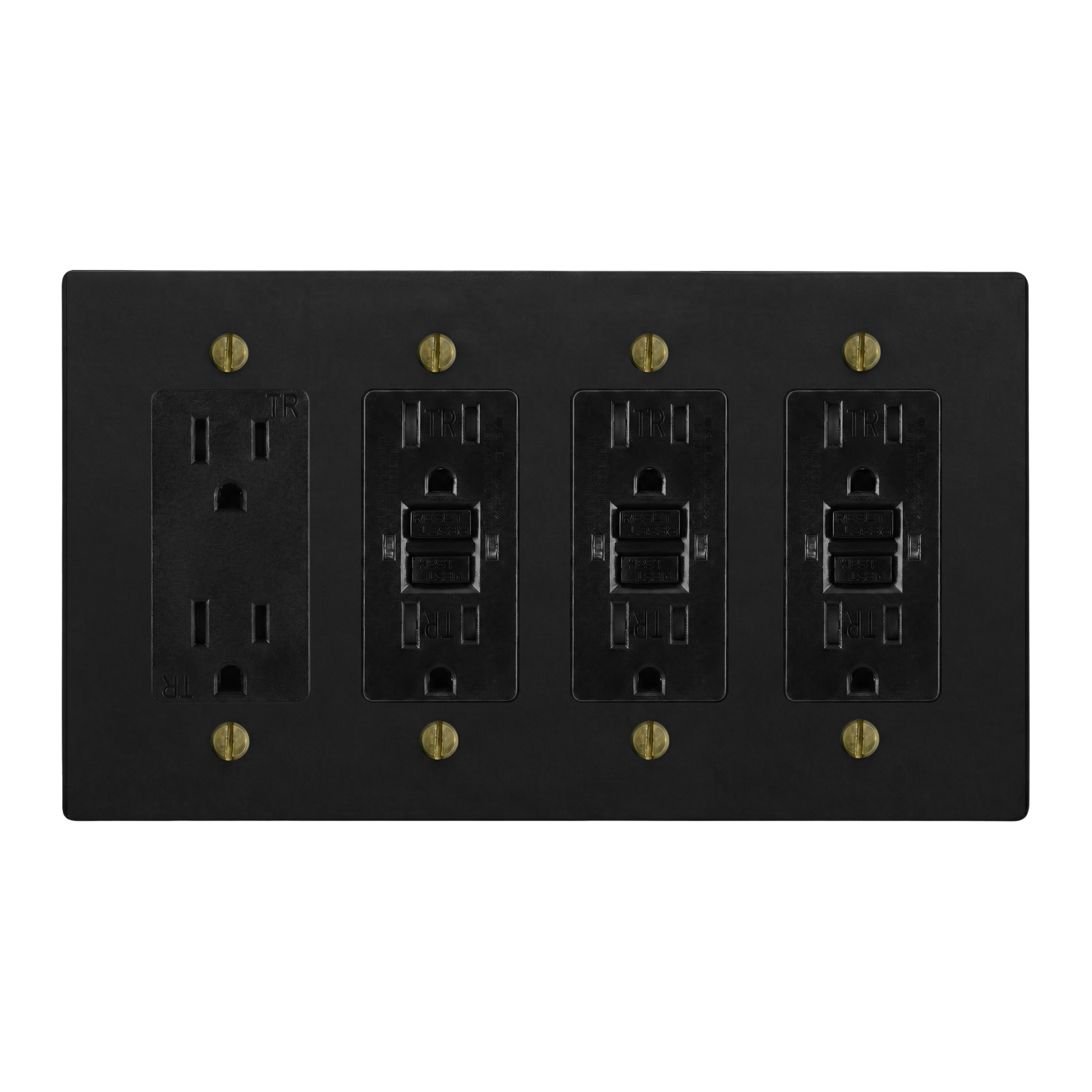 Matte Black (Antique Brass Accents) 4-Gang Duplex Outlet, GFCI Outlet, GFCI Outlet & GFCI Outlet Switch Plate in Black