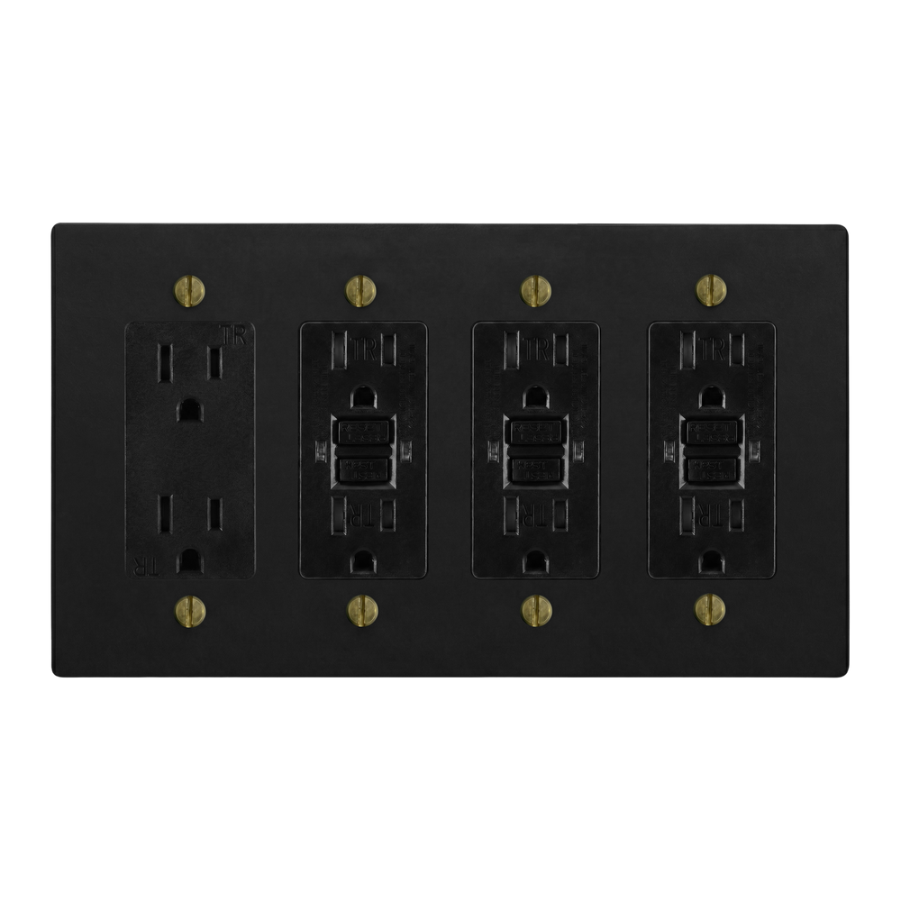 Matte Black (Antique Brass Accents) 4-Gang Duplex Outlet, GFCI Outlet, GFCI Outlet & GFCI Outlet Switch Plate in Black