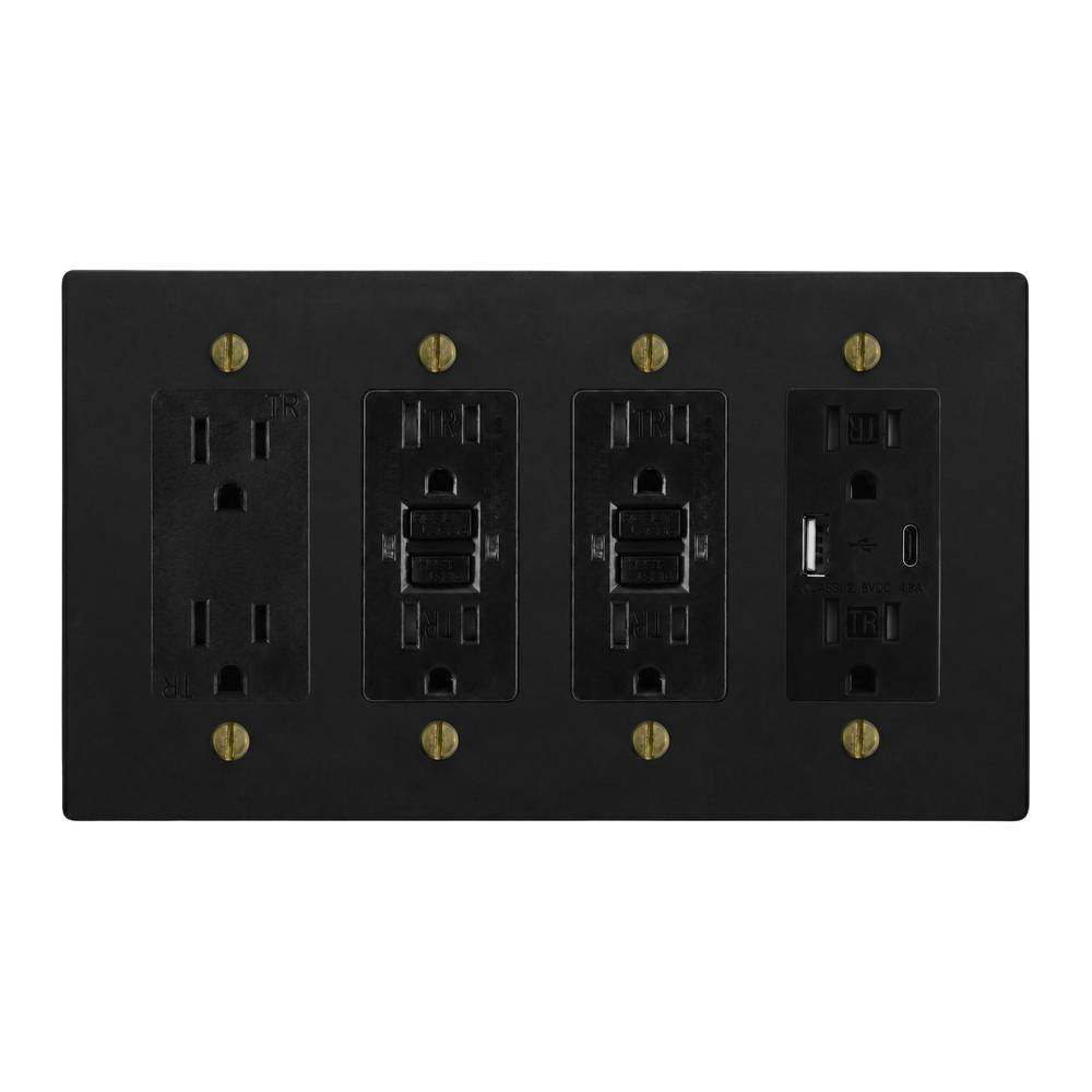 Matte Black (Antique Brass Accents) 4-Gang Duplex Outlet, GFCI Outlet, GFCI Outlet & USB Outlet Switch Plate in Black