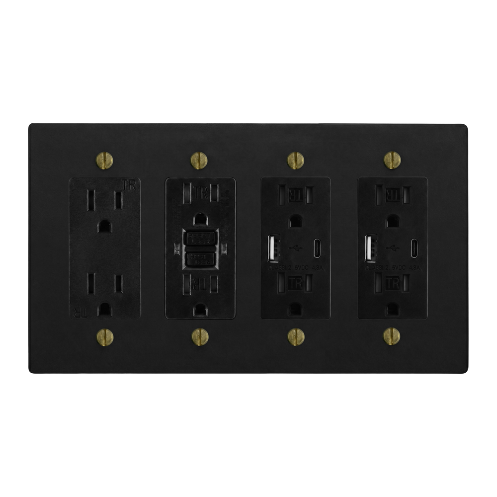 Matte Black (Antique Brass Accents) 4-Gang Duplex Outlet, GFCI Outlet, USB Outlet & USB Outlet Switch Plate in Black