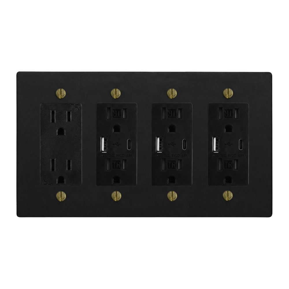 Matte Black (Antique Brass Accents) 4-Gang Duplex Outlet, USB Outlet, USB Outlet & USB Outlet Switch Plate in Black