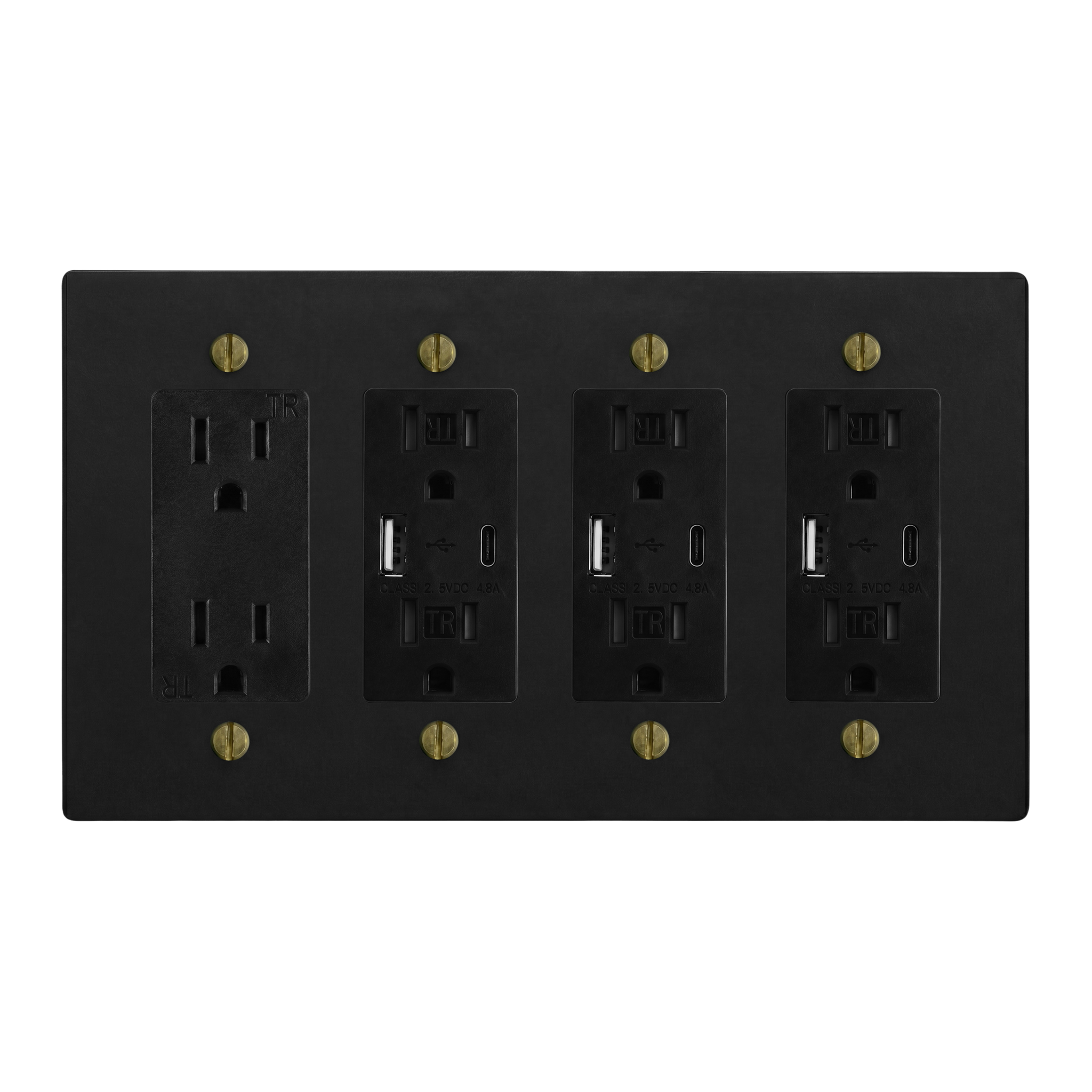 Matte Black (Antique Brass Accents) 4-Gang Duplex Outlet, USB Outlet, USB Outlet & USB Outlet Switch Plate in Black
