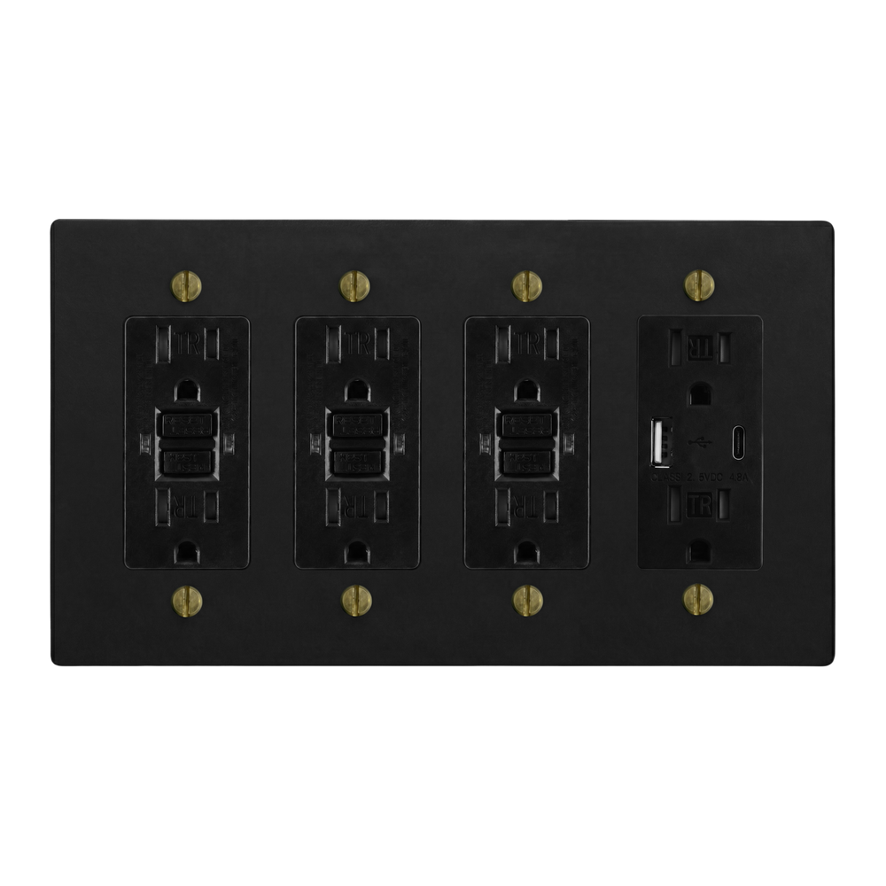 Matte Black (Antique Brass Accents) 4-Gang GFCI Outlet, GFCI Outlet, GFCI Outlet & USB Outlet Switch Plate in Black