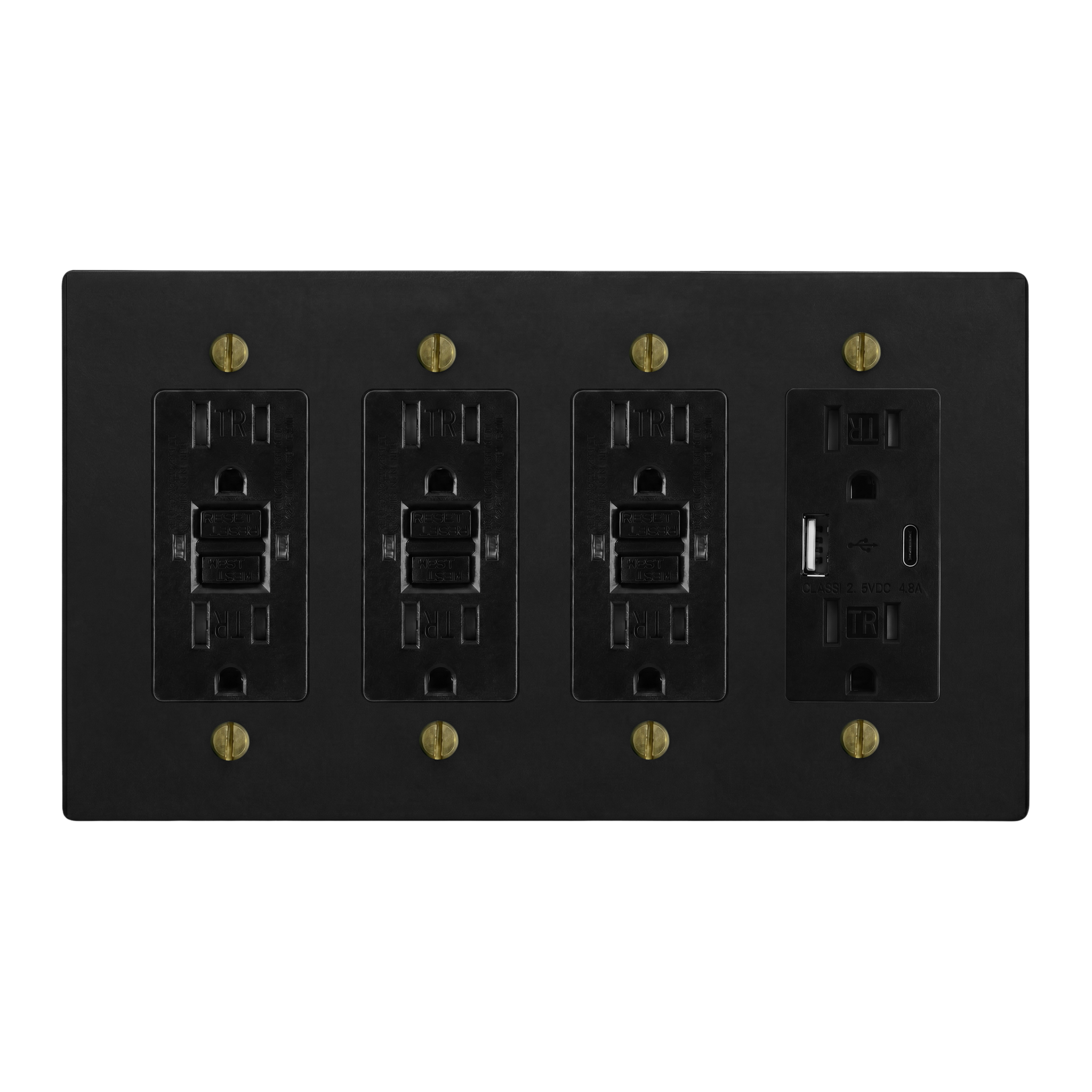 Matte Black (Antique Brass Accents) 4-Gang GFCI Outlet, GFCI Outlet, GFCI Outlet & USB Outlet Switch Plate in Black
