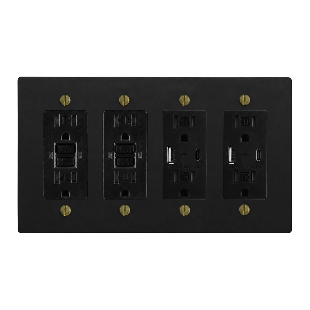 Matte Black (Antique Brass Accents) 4-Gang GFCI Outlet, GFCI Outlet, USB Outlet & USB Outlet Switch Plate in Black