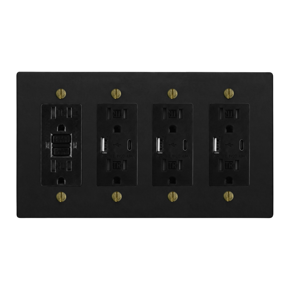 Matte Black (Antique Brass Accents) 4-Gang GFCI Outlet, USB Outlet, USB Outlet & USB Outlet Switch Plate in Black
