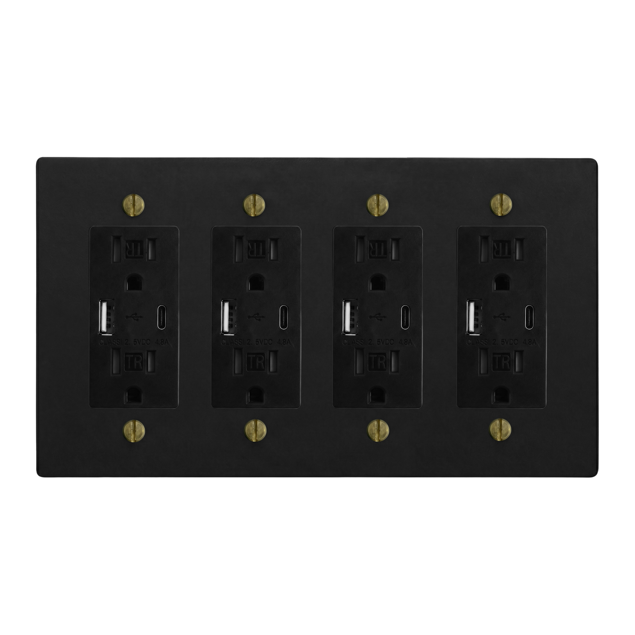 Matte Black (Antique Brass Accents) 4-Gang USB Outlet, USB Outlet, USB Outlet & USB Outlet Switch Plate in Black