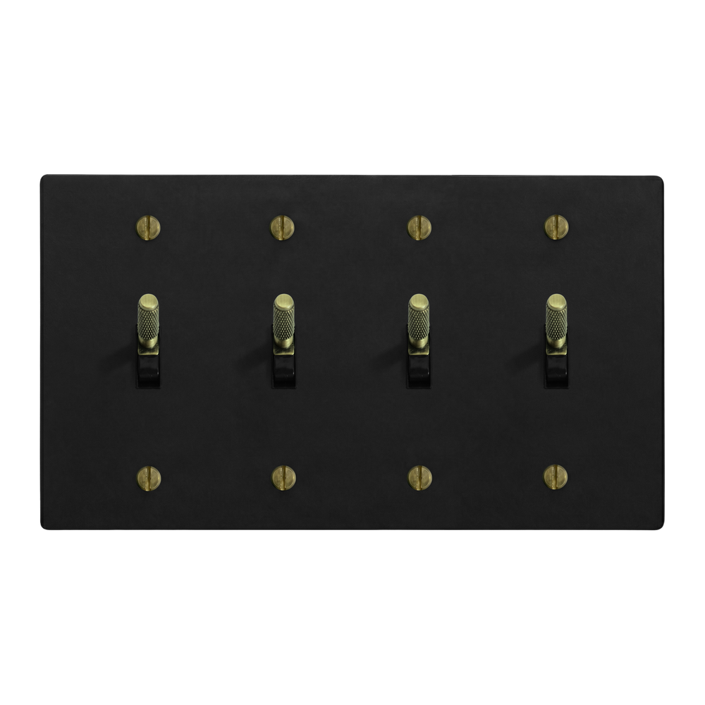 Matte Black (Antique Brass Accents) 4-Gang Toggle, Toggle, Toggle & Toggle Switch Plate in Black