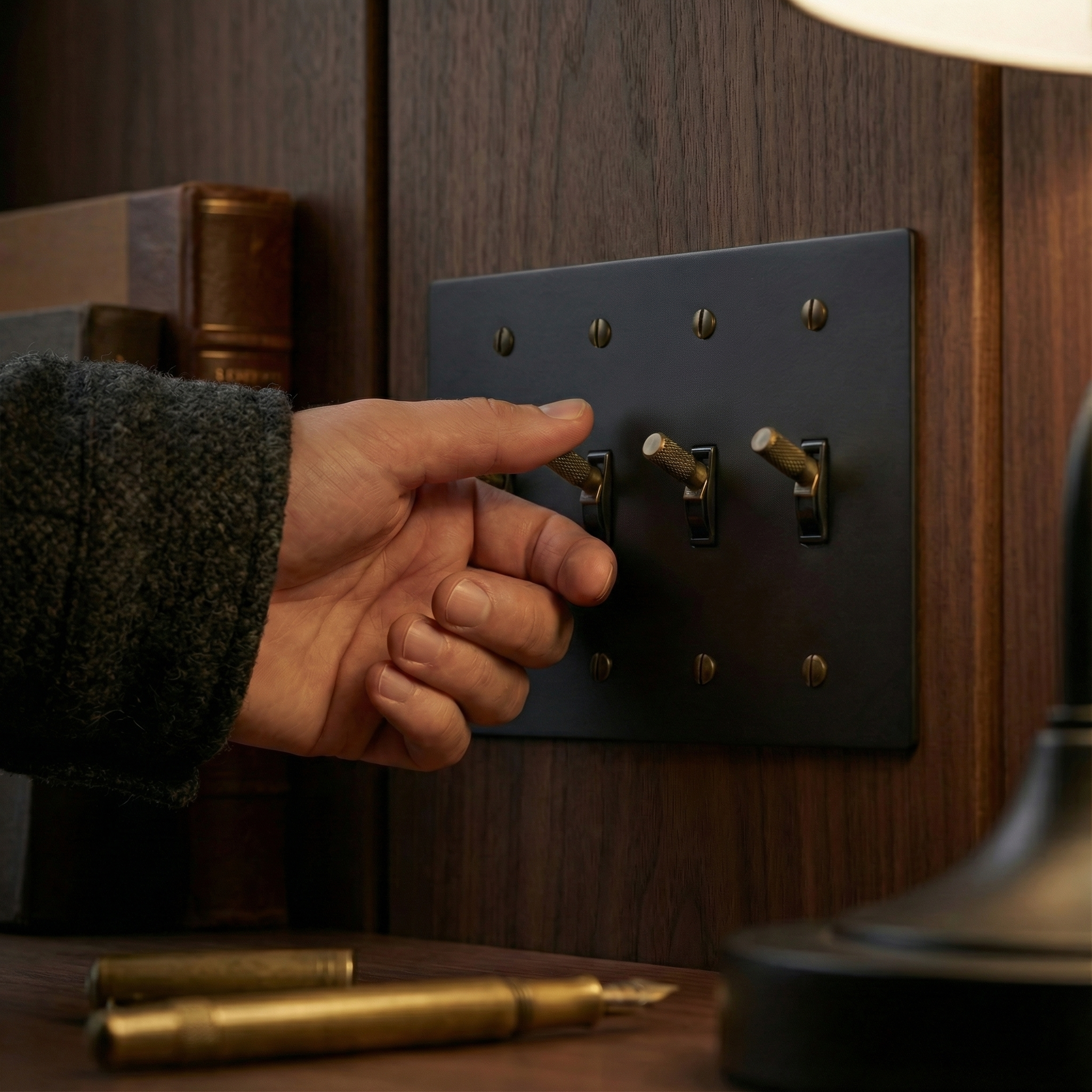 A hand operates a matte black (antique brass accents) 4 gang toggle switch plate on rich wood, epitomizing timeless luxury.