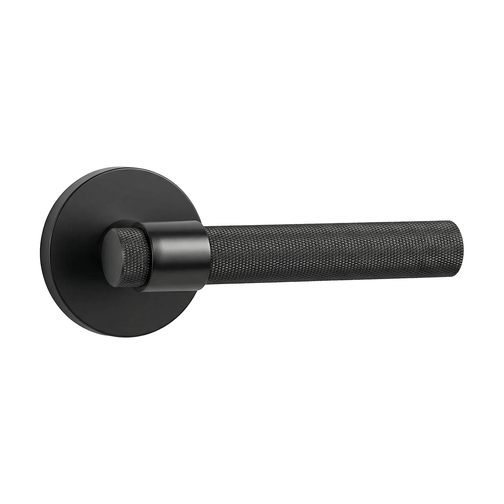 Exquisite matte black lever handle, knurled for a tactile experience and timeless elegance.