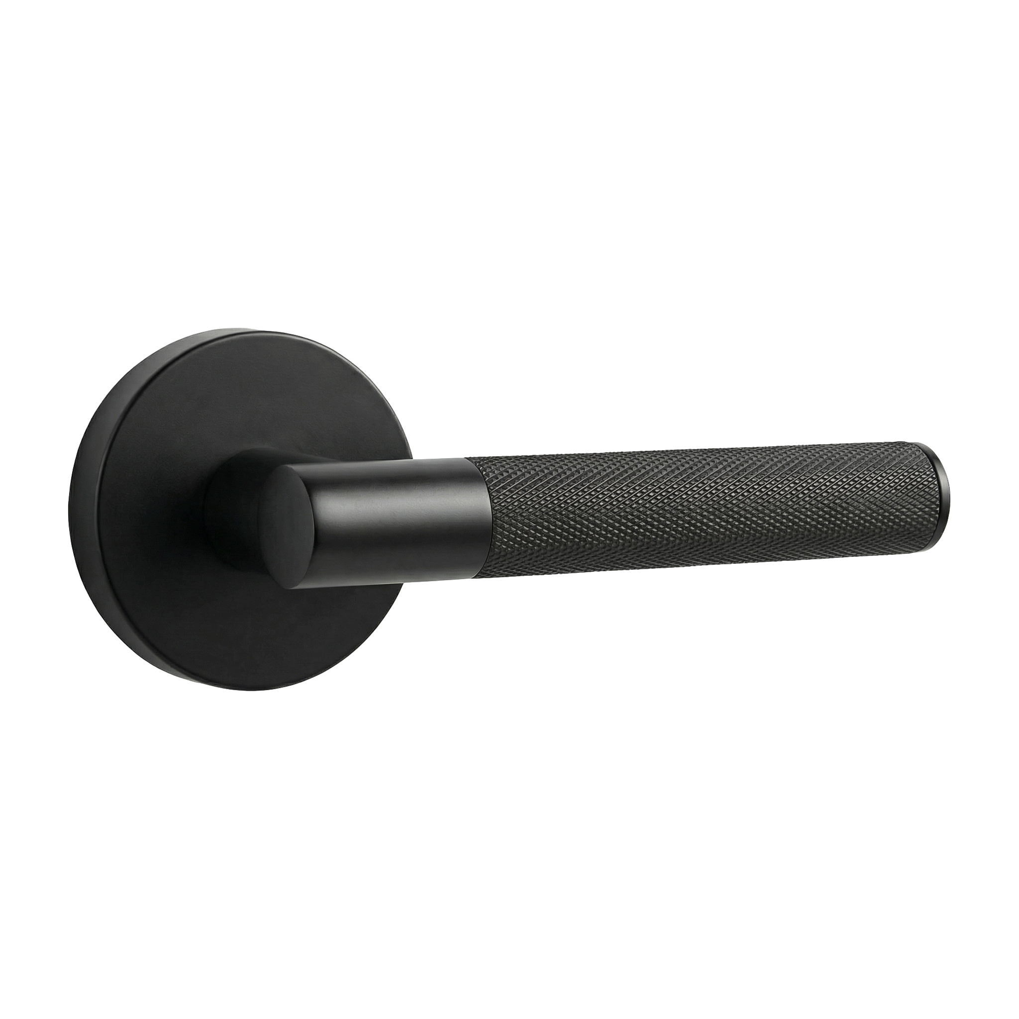 Timeless matte black lever handle with knurled texture, embodying luxury craftsmanship and permanence.