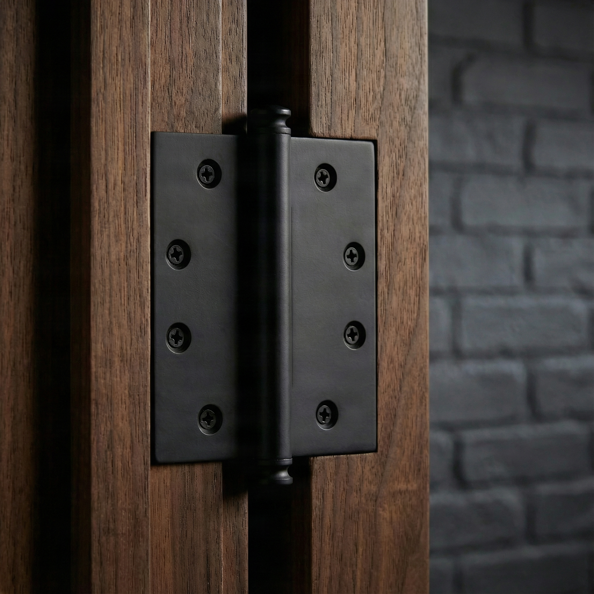 Artisanal modern matte black hinge graces a dark wood door, echoing quiet luxury against brick.