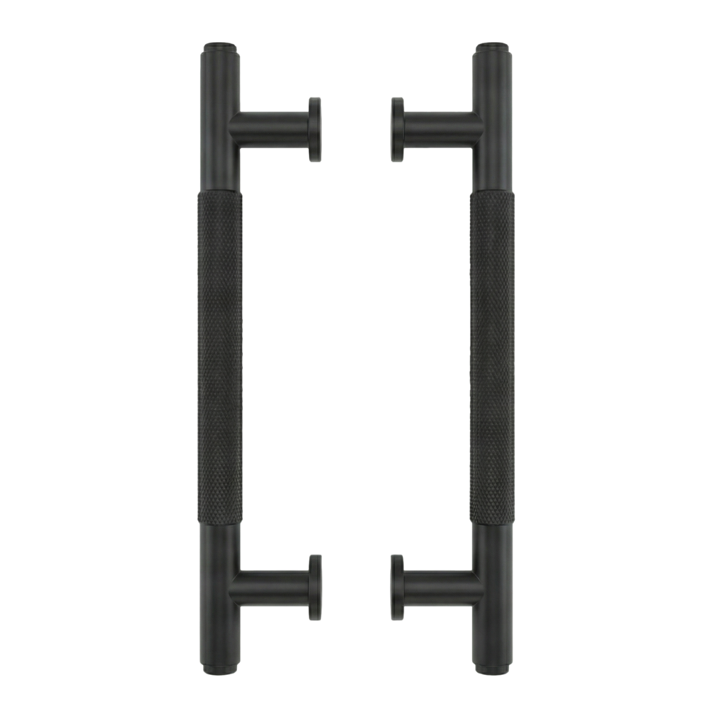 Timeless matte black door pull forte 17 inch, knurled for tactile luxury.