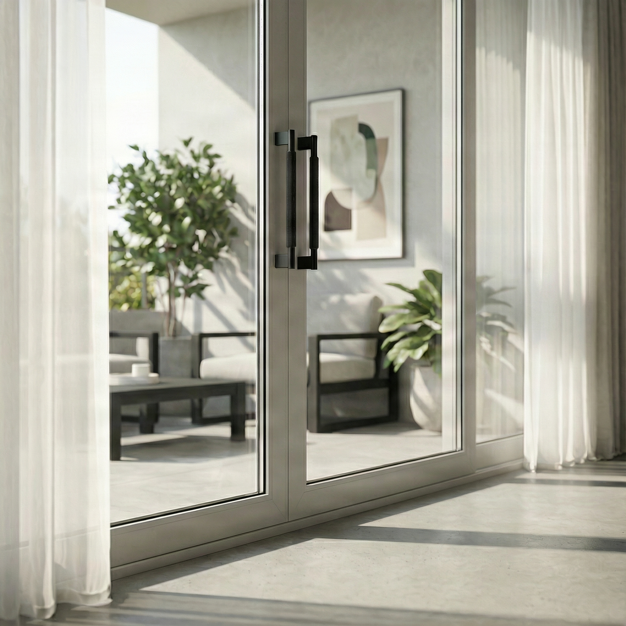 Black textured brass double sided door pull handle 17 inch on a patio door in a timeless, luxurious setting.